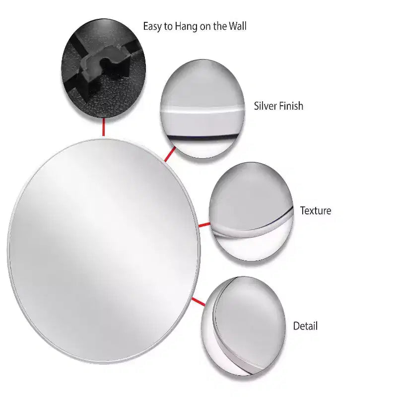 Miroir mural argenté de 21 po moderne rond, aucun assemblage requis
