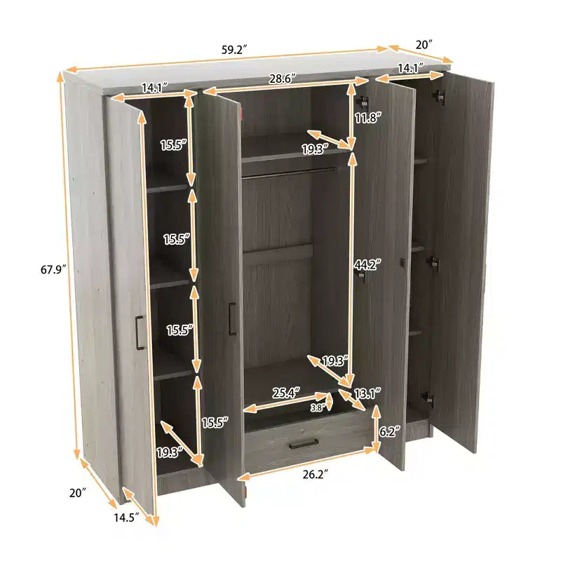 Armoire 4 portes en bois avec tringle à vêtements