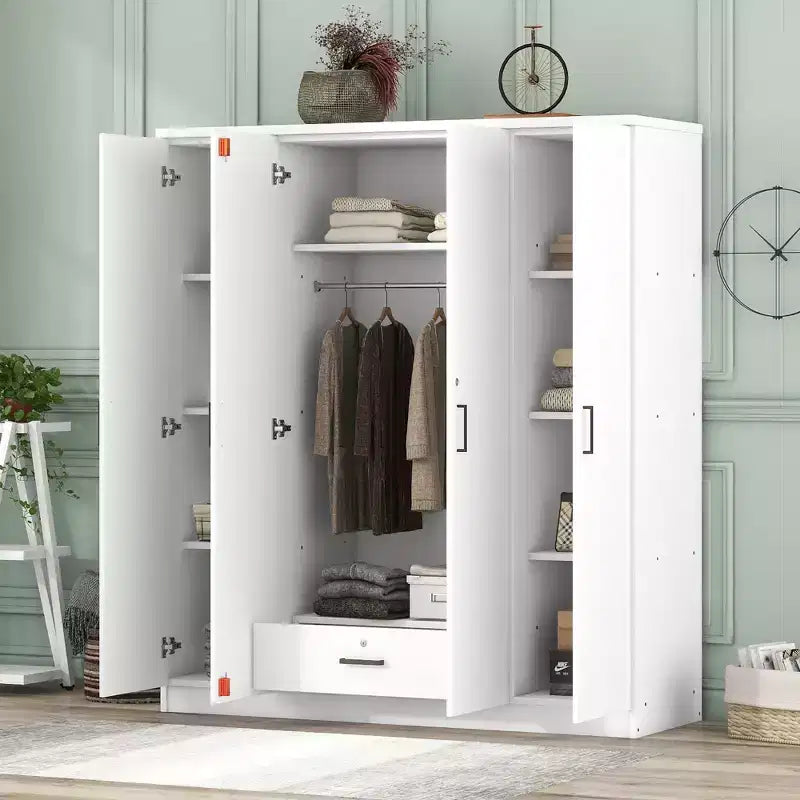 Armoire 4 portes en bois avec tringle à vêtements