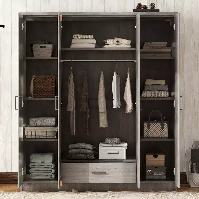 Armoire 4 portes en bois avec tringle à vêtements