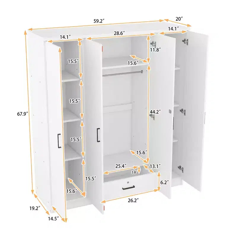 Armoire 4 portes en bois avec tringle à vêtements