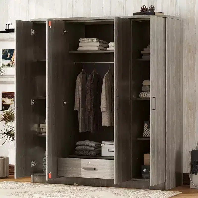 Armoire 4 portes en bois avec tringle à vêtements