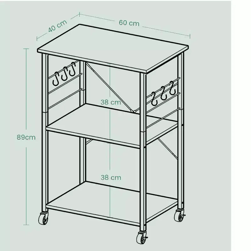 Étagère de cuisine sur roulettes, Desserte de service à 3 niveaux, Chariot de cuisine