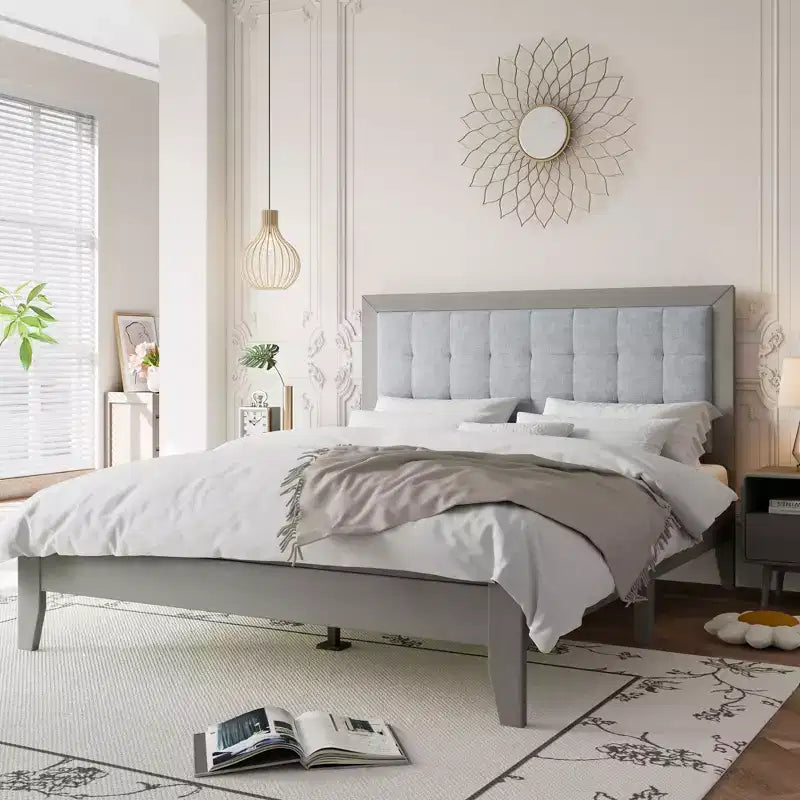 King/California King/Queen Size Platform Bed with Upholstered Headboard and Solid Wood Frame, Gray-Christopher Knight Home