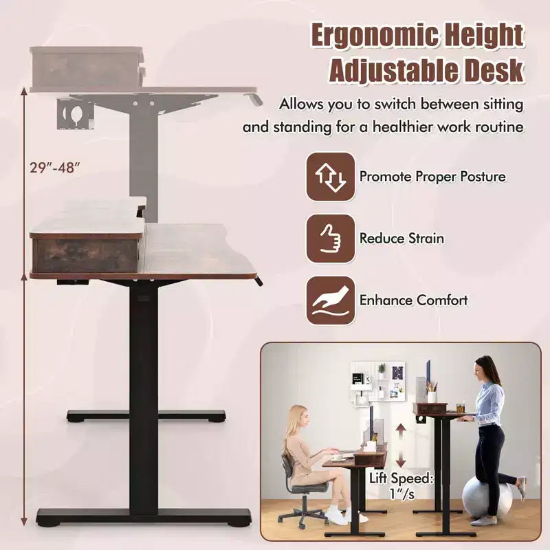Bureau debout électrique 48x 24 avec 2 tiroirs pour moniteur
