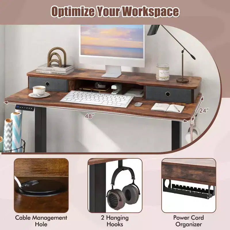Bureau debout électrique 48x 24 avec 2 tiroirs pour moniteur