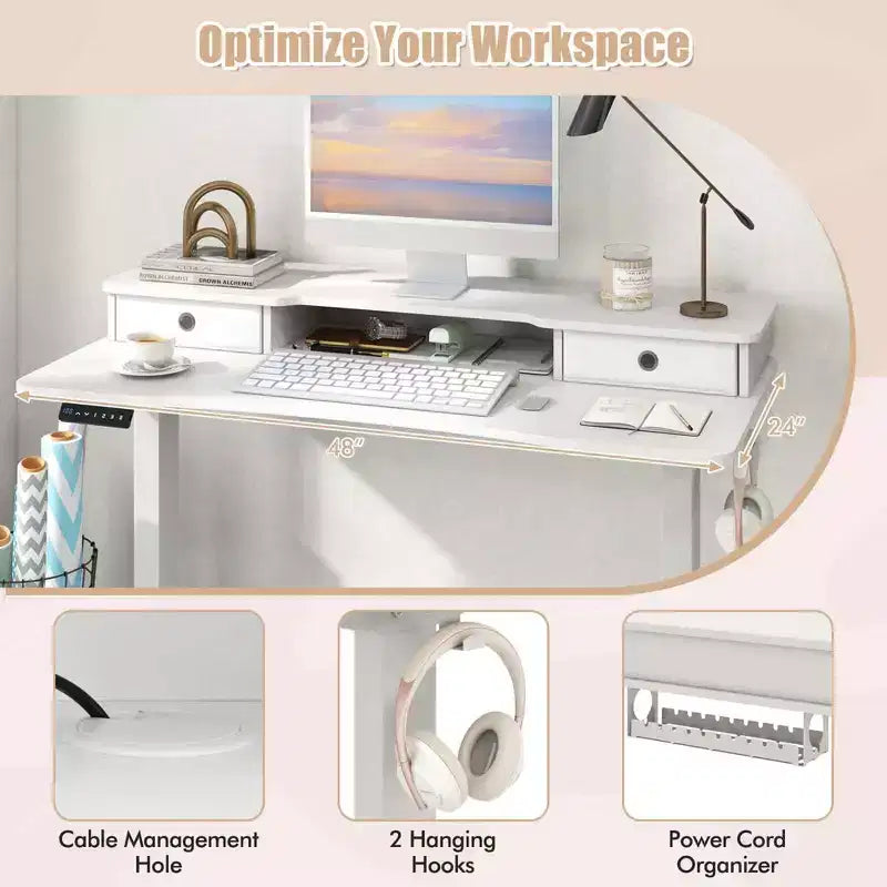Bureau debout électrique 48x 24 avec 2 tiroirs pour moniteur