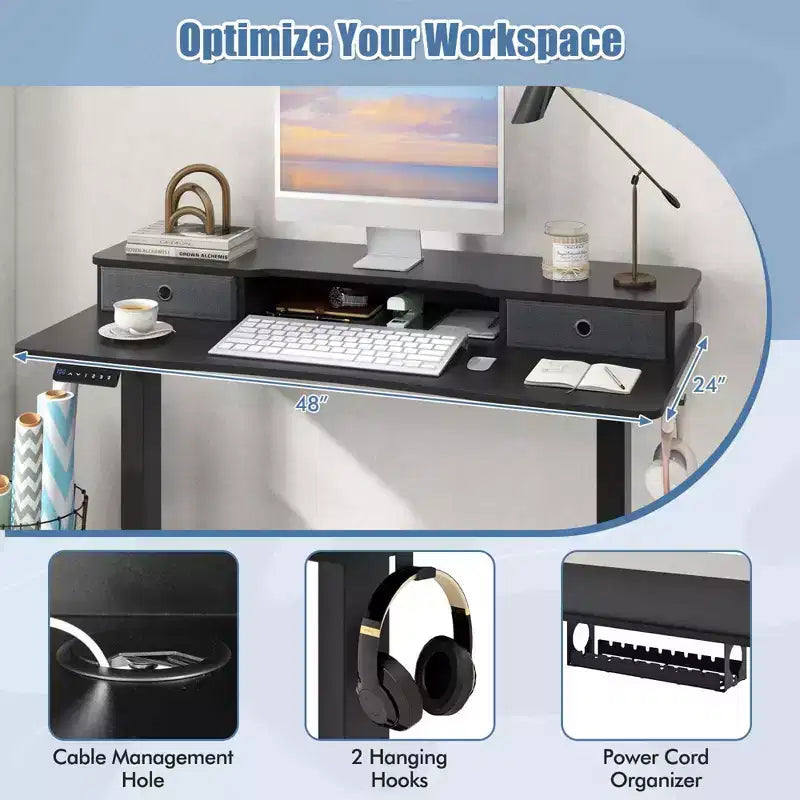 Bureau debout électrique 48x 24 avec 2 tiroirs pour moniteur