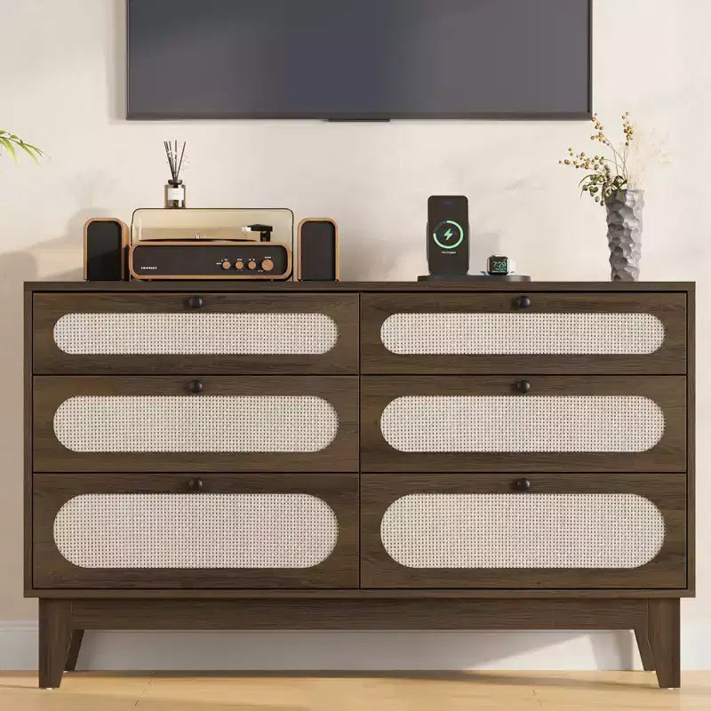 Commode en bois à 6 tiroirs avec station de charge, commode en rotin