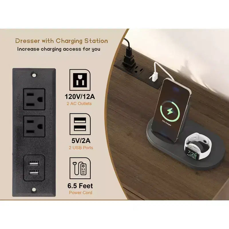 Commode en bois à 6 tiroirs avec station de charge, commode en rotin