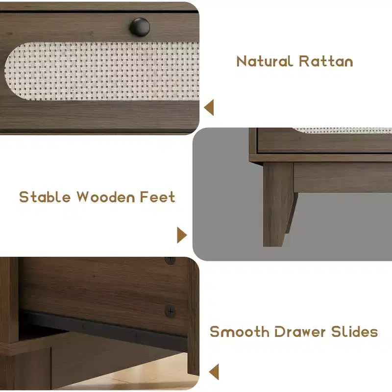 Commode en bois à 6 tiroirs avec station de charge, commode en rotin