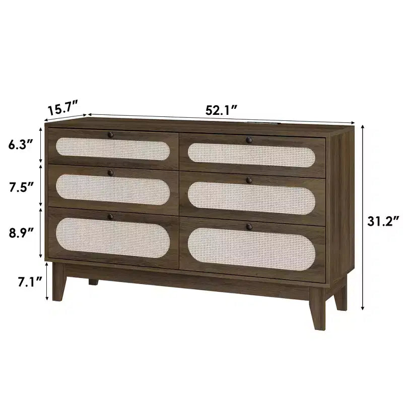 Commode en bois à 6 tiroirs avec station de charge, commode en rotin