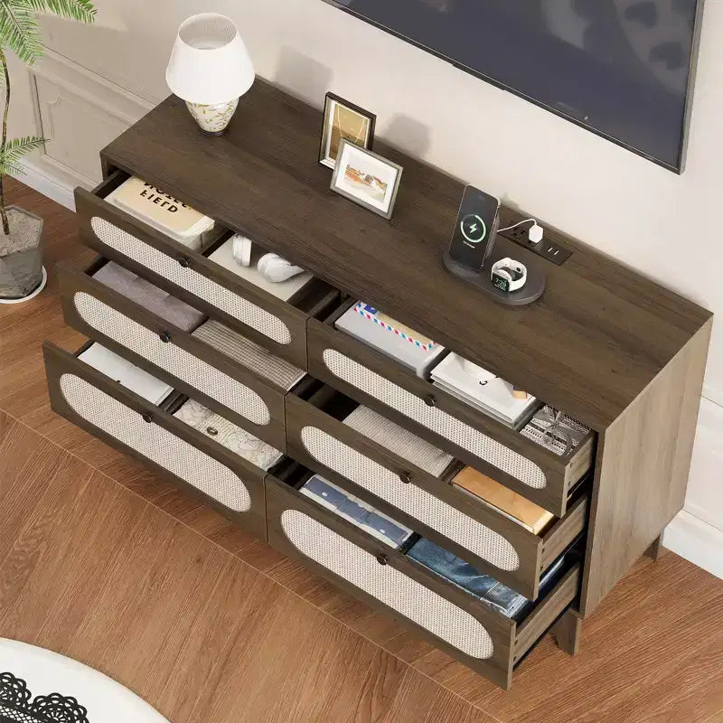 Commode en bois à 6 tiroirs avec station de charge, commode en rotin