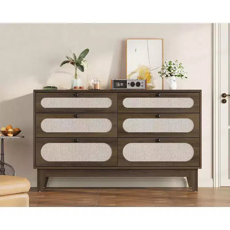 Commode en bois à 6 tiroirs avec station de charge, commode en rotin