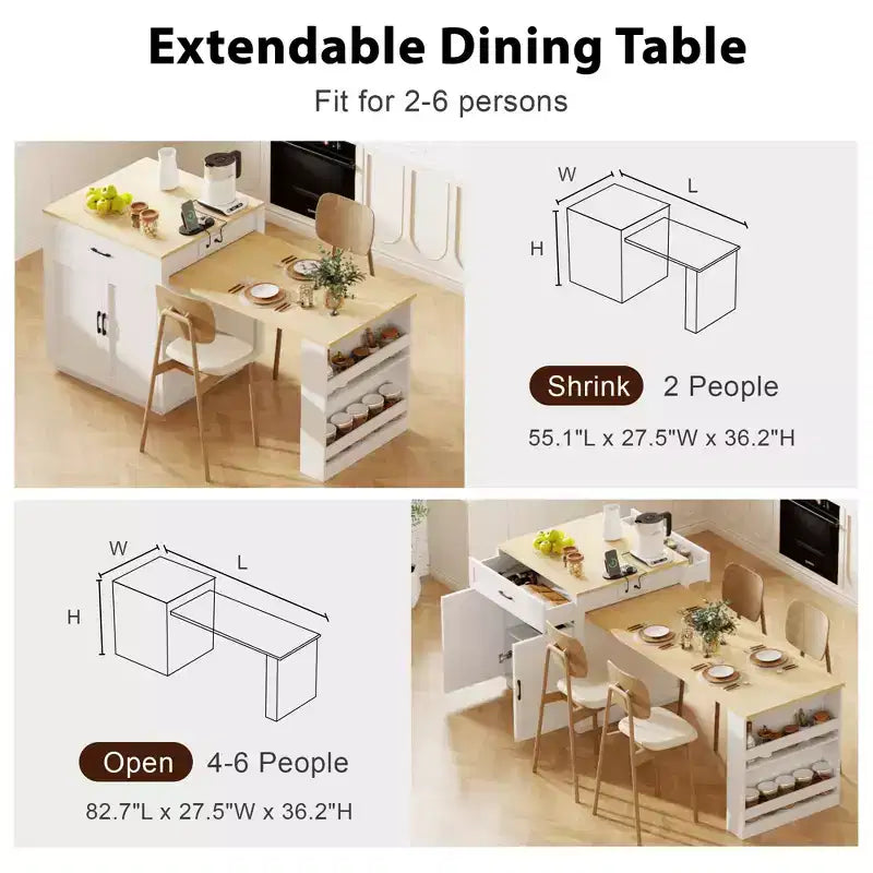Îlot de cuisine blanc de 82,7 pouces avec table à manger extensible