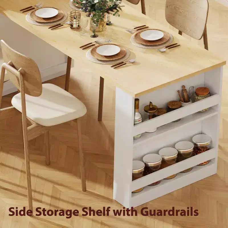 Îlot de cuisine blanc de 82,7 pouces avec table à manger extensible
