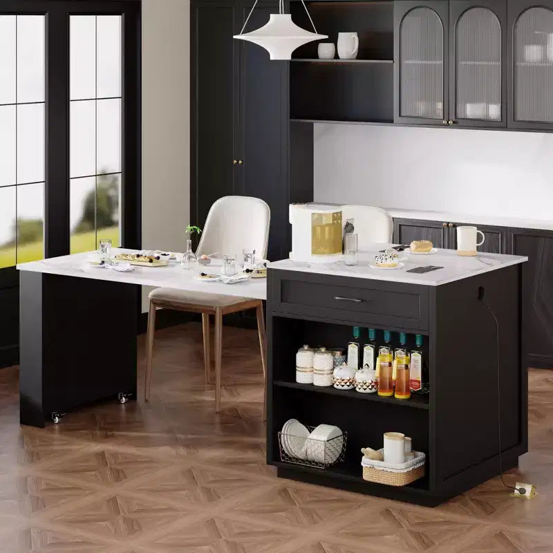 Îlot de cuisine blanc de 82,7 pouces avec table à manger extensible