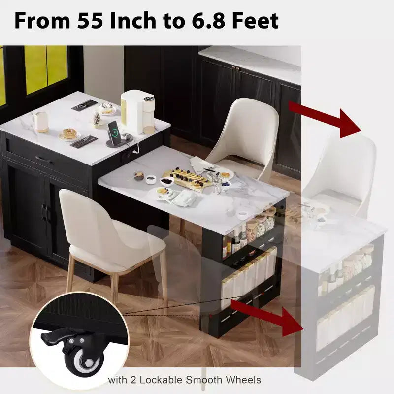 Îlot de cuisine blanc de 82,7 pouces avec table à manger extensible