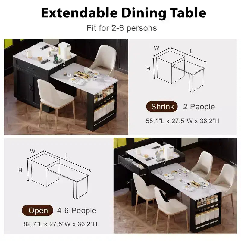 Îlot de cuisine blanc de 82,7 pouces avec table à manger extensible