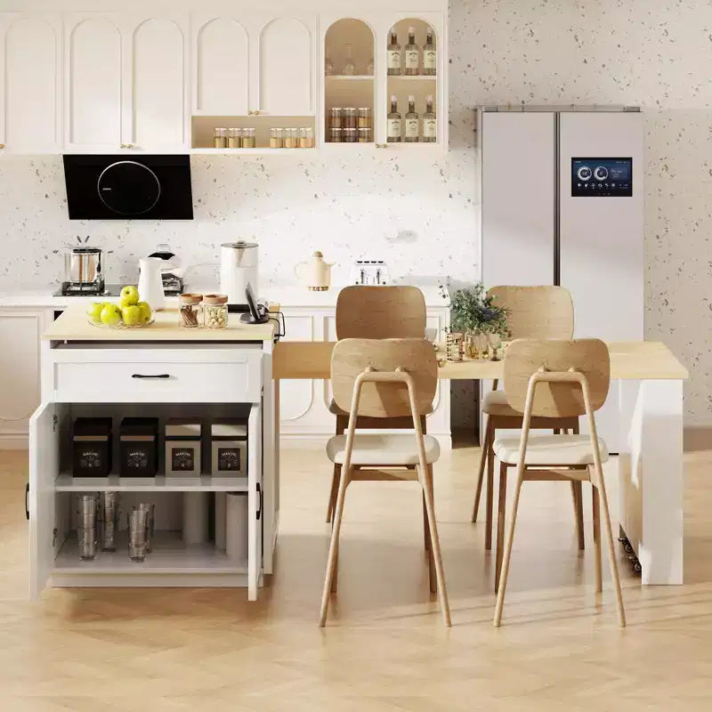 Îlot de cuisine blanc de 82,7 pouces avec table à manger extensible
