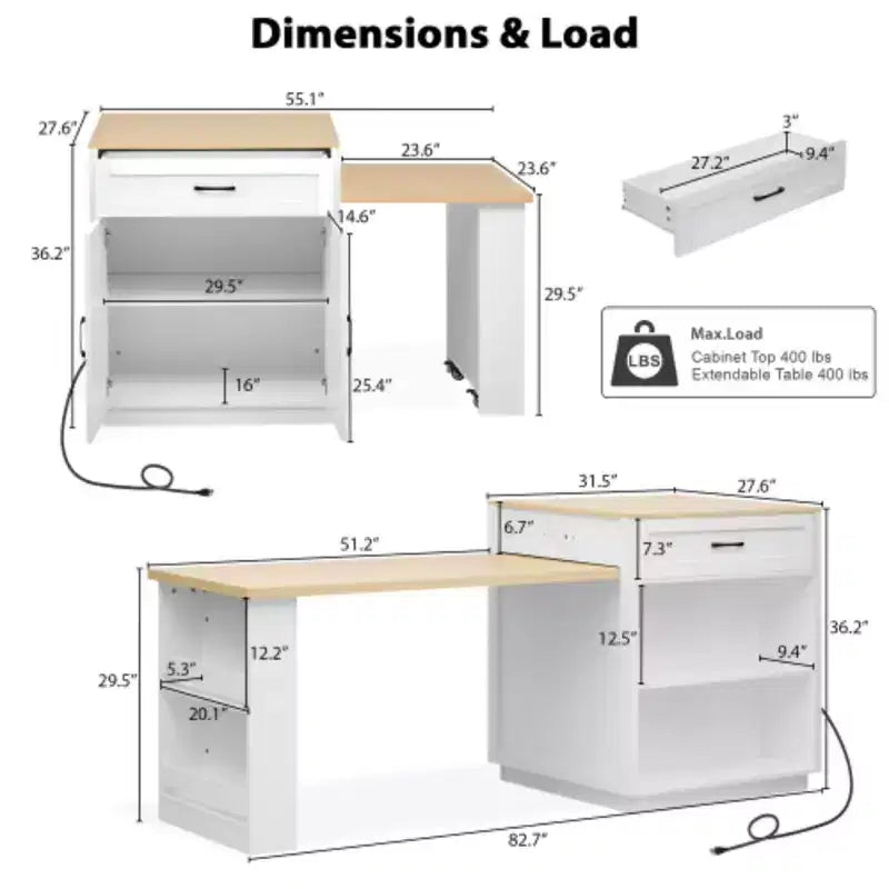 Îlot de cuisine blanc de 82,7 pouces avec table à manger extensible