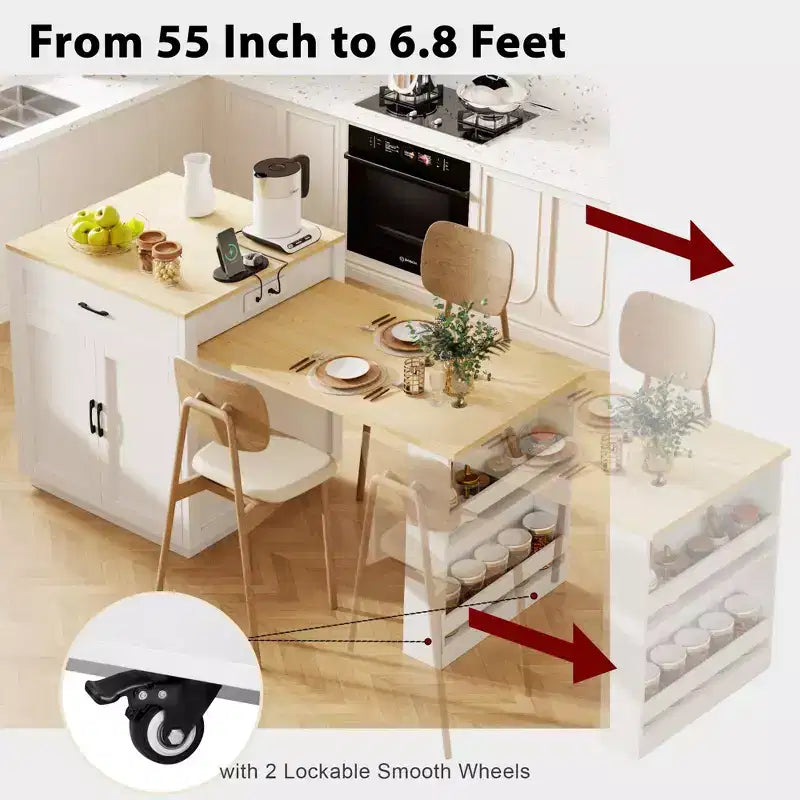 Îlot de cuisine blanc de 82,7 pouces avec table à manger extensible
