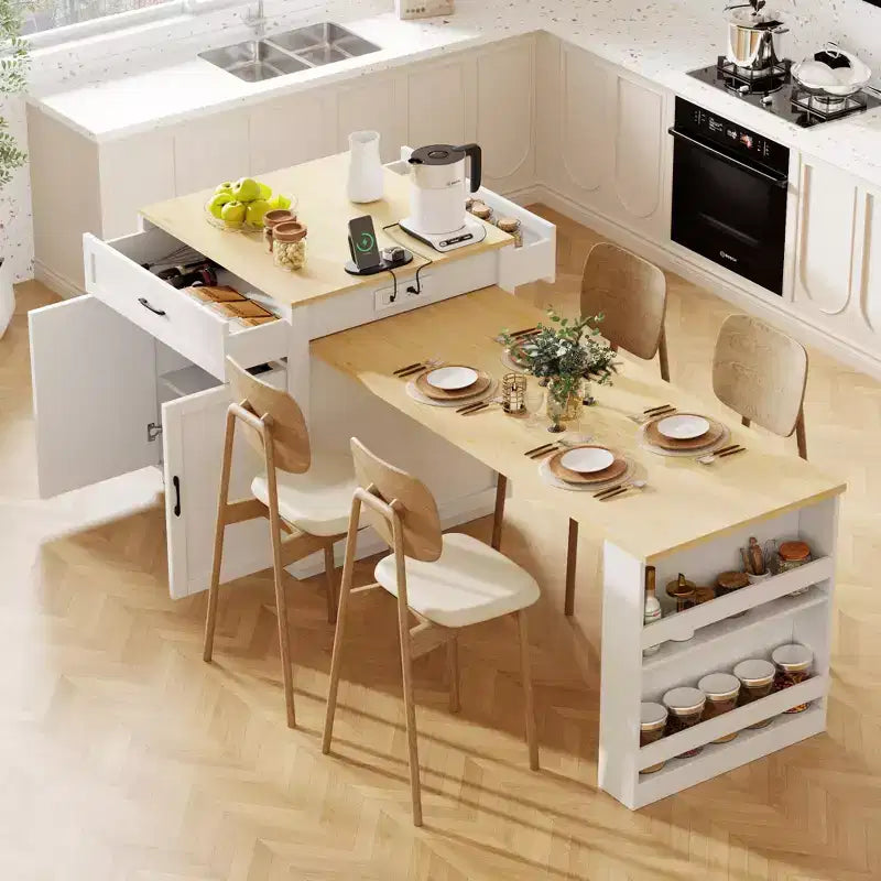 Îlot de cuisine blanc de 82,7 pouces avec table à manger extensible