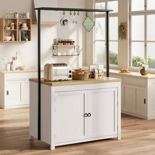 42 Kitchen Island with Storage, Heavy-Duty Multi-Functional Kitchen Cart with 30mm Thick Countertop, 2-Tier Shelves 5 Hooks