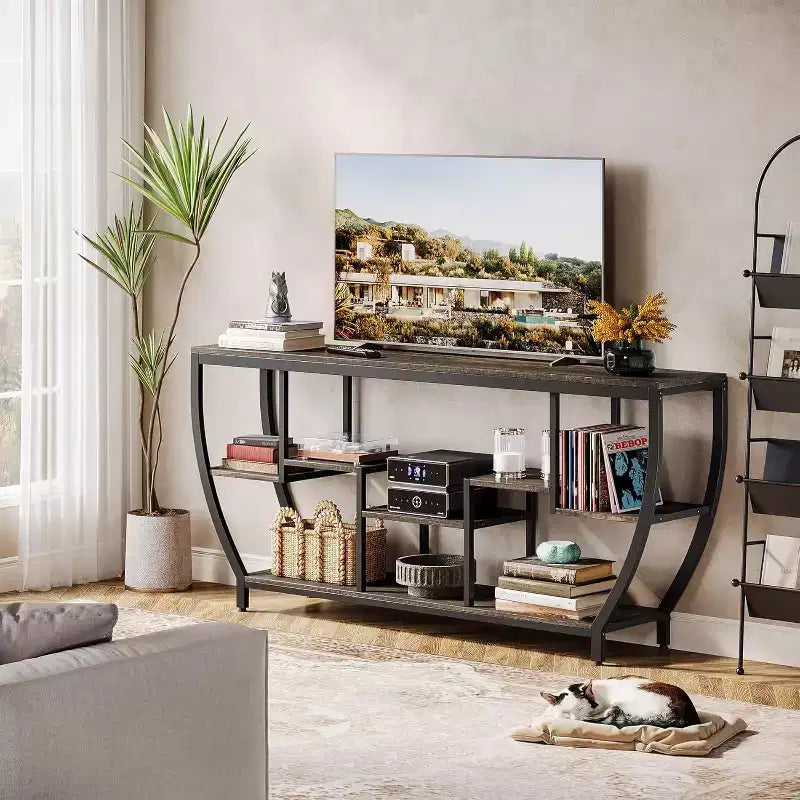 Console de canapé de 180 cm de long avec étagères, table console rustique avec rangement