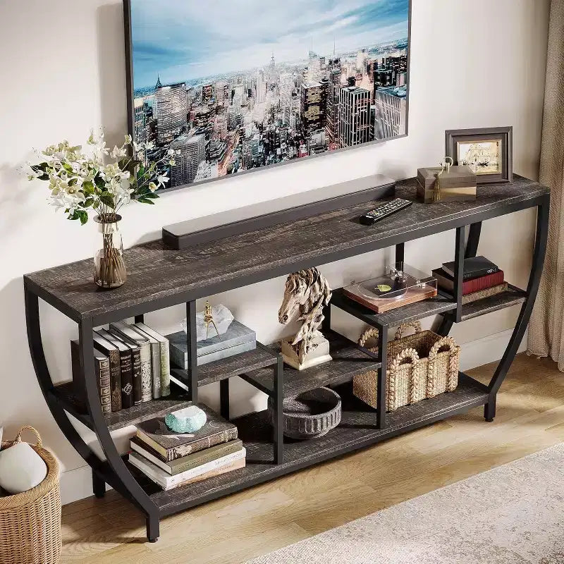 Console de canapé de 180 cm de long avec étagères, table console rustique avec rangement