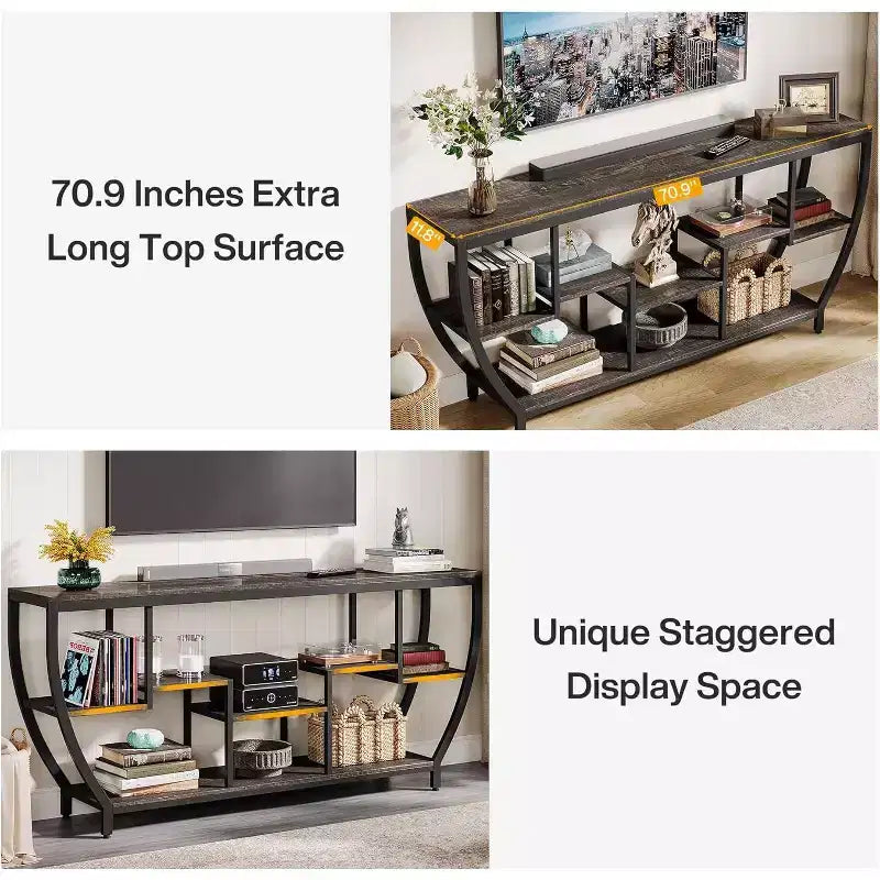Console de canapé de 180 cm de long avec étagères, table console rustique avec rangement