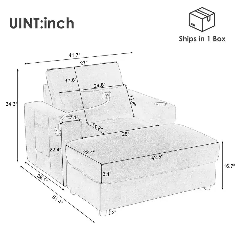 Canapé méridienne de style moderne 42,5" avec pouf de rangement mobile