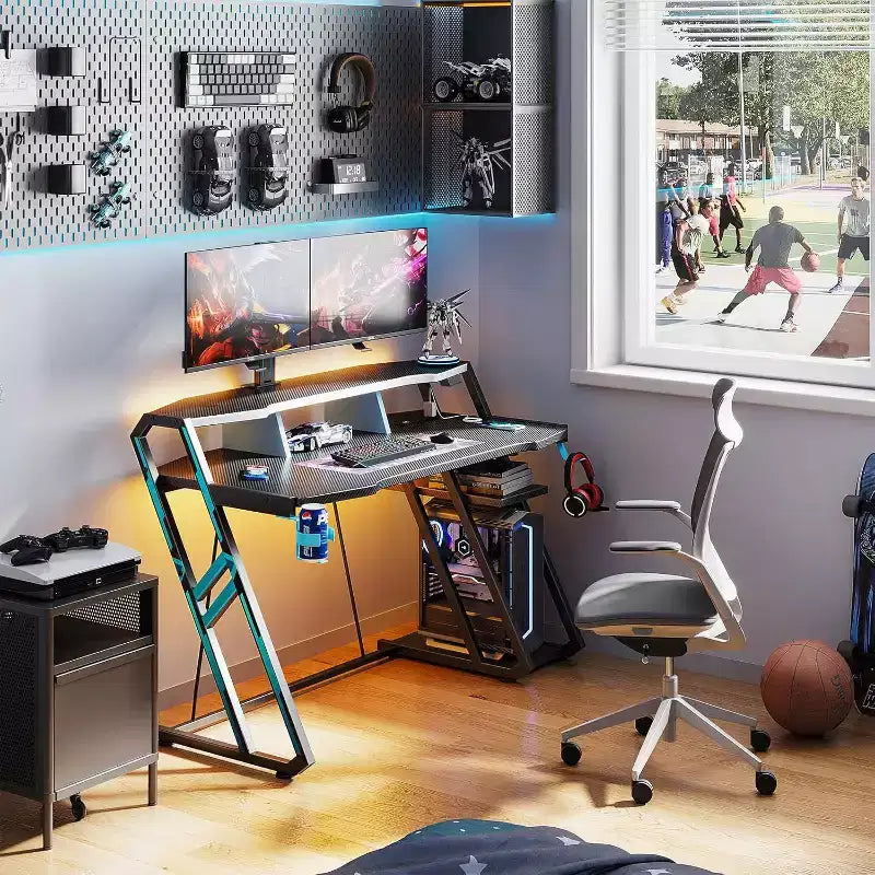 Bureau de jeu de 48 pouces avec prise de courant et lumières LED