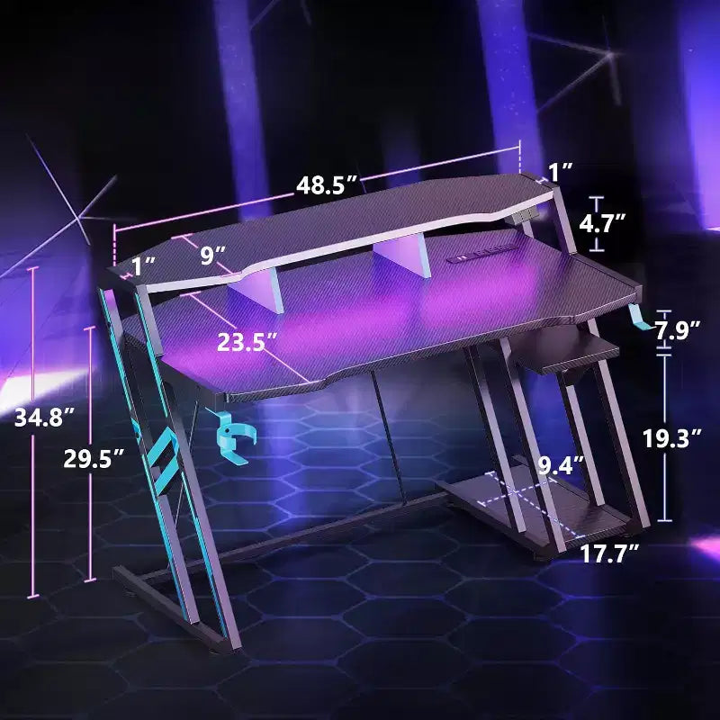 Bureau de jeu de 48 pouces avec prise de courant et lumières LED