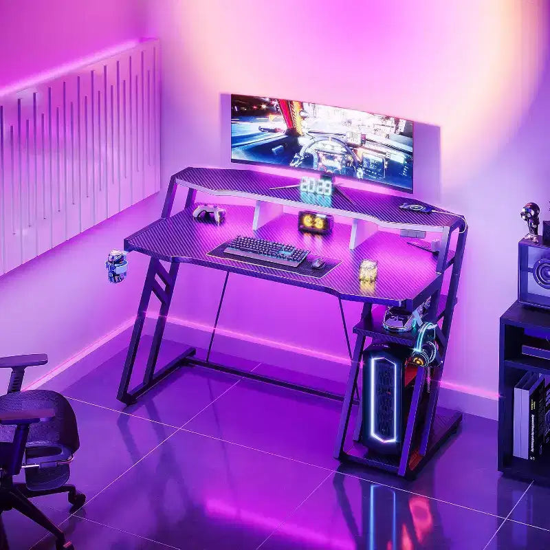 Bureau de jeu de 48 pouces avec prise de courant et lumières LED
