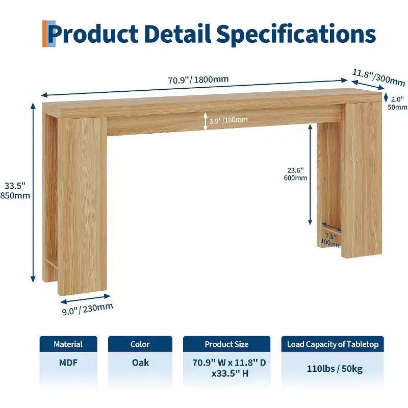 Table console rustique de ferme 70,9 po, table d'appoint en bois au fini chêne