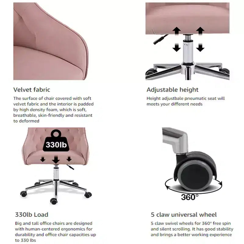 Fauteuil de bureau en velours avec pivot, hauteur réglable