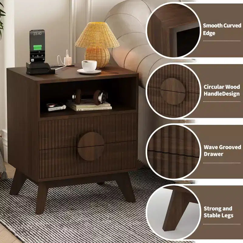 Tables de chevet modernes cannelées, lot de 2, en bois