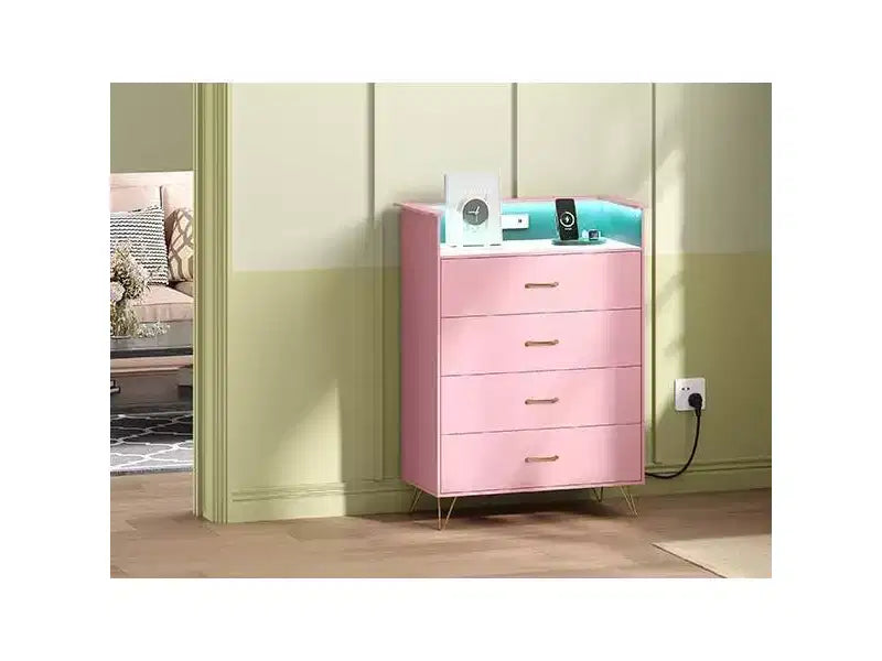 Commode avec station de charge Commode haute en bois à 4 tiroirs Grand meuble de rangement