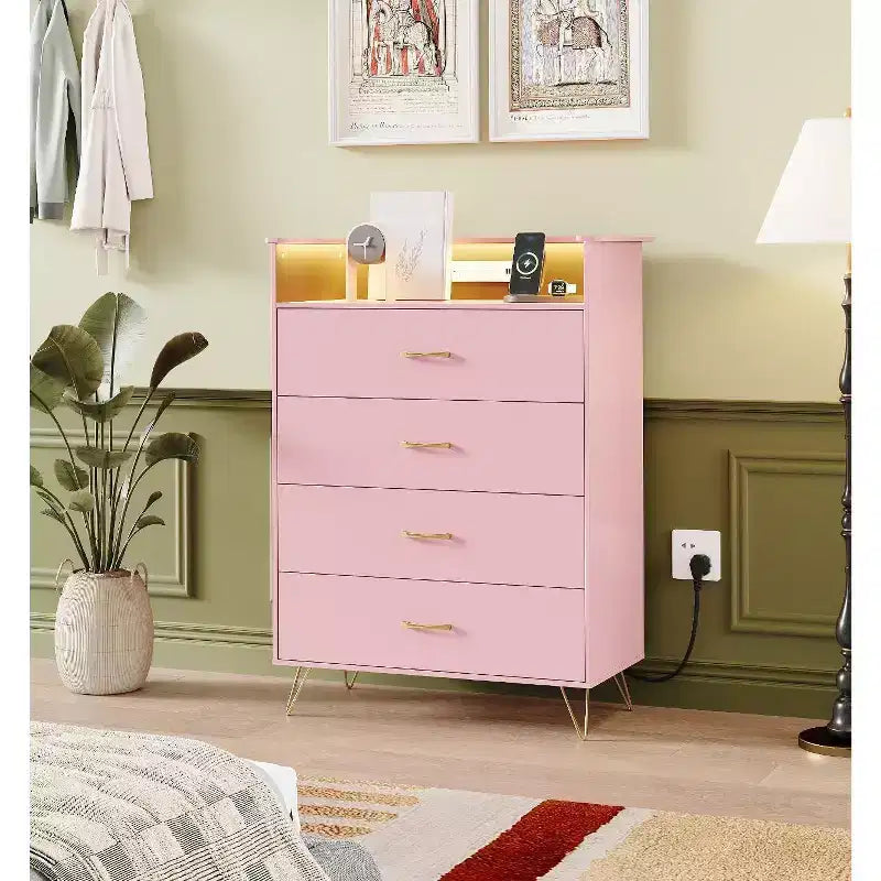 Commode avec station de charge Commode haute en bois à 4 tiroirs Grand meuble de rangement