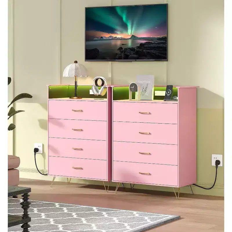 Commode avec station de charge Commode haute en bois à 4 tiroirs Grand meuble de rangement