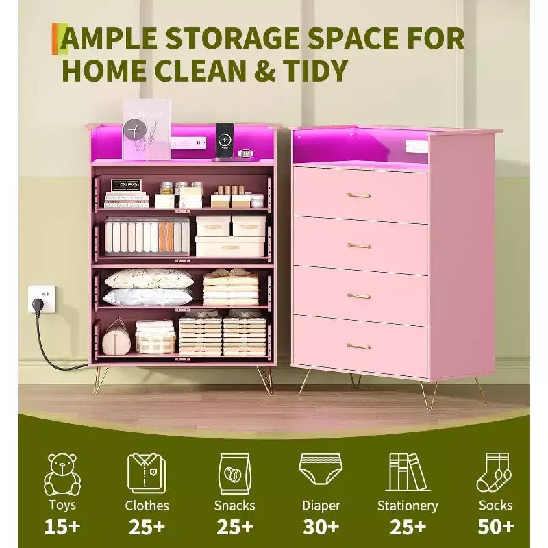Commode avec station de charge Commode haute en bois à 4 tiroirs Grand meuble de rangement