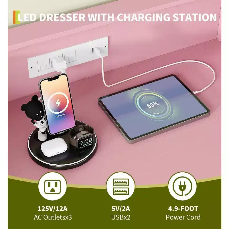 Commode avec station de charge Commode haute en bois à 4 tiroirs Grand meuble de rangement