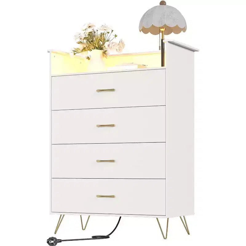 Commode avec station de charge Commode haute en bois à 4 tiroirs Grand meuble de rangement