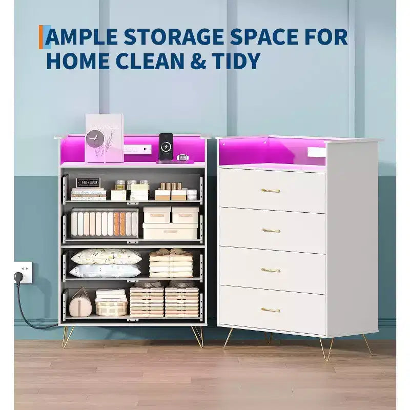 Commode avec station de charge Commode haute en bois à 4 tiroirs Grand meuble de rangement