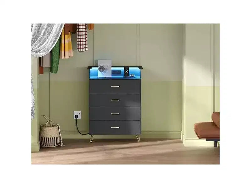 Commode avec station de charge Commode haute en bois à 4 tiroirs Grand meuble de rangement