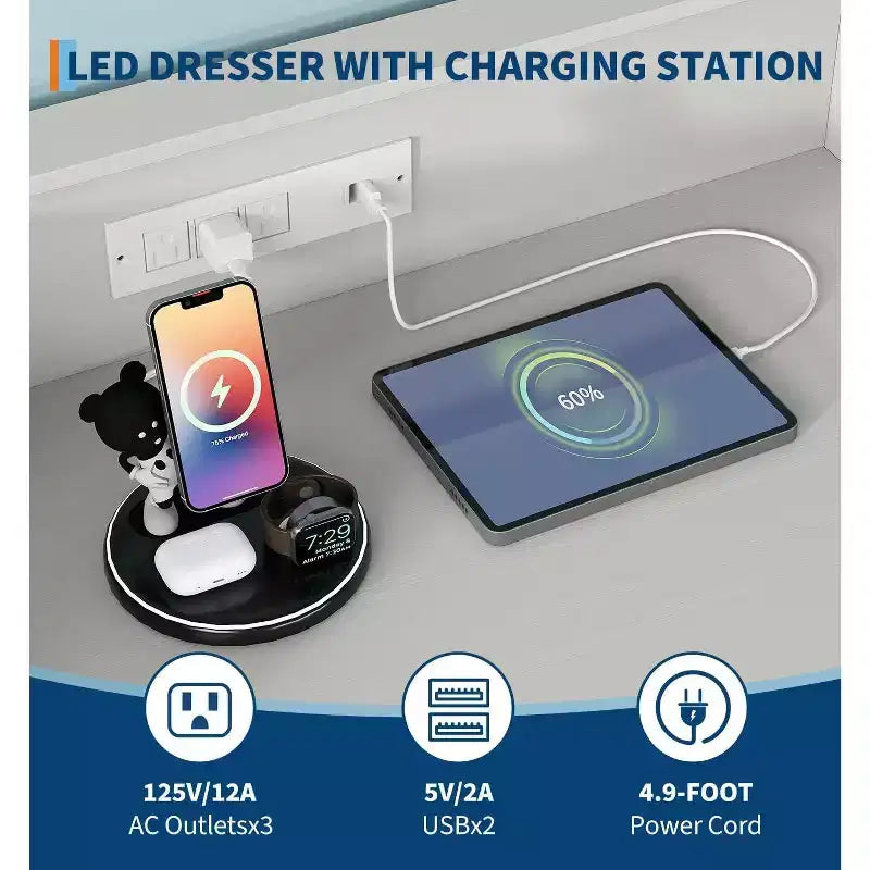 Commode avec station de charge Commode haute en bois à 4 tiroirs Grand meuble de rangement