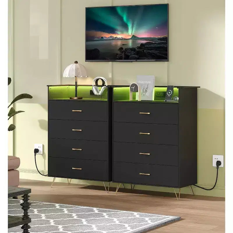 Commode avec station de charge Commode haute en bois à 4 tiroirs Grand meuble de rangement