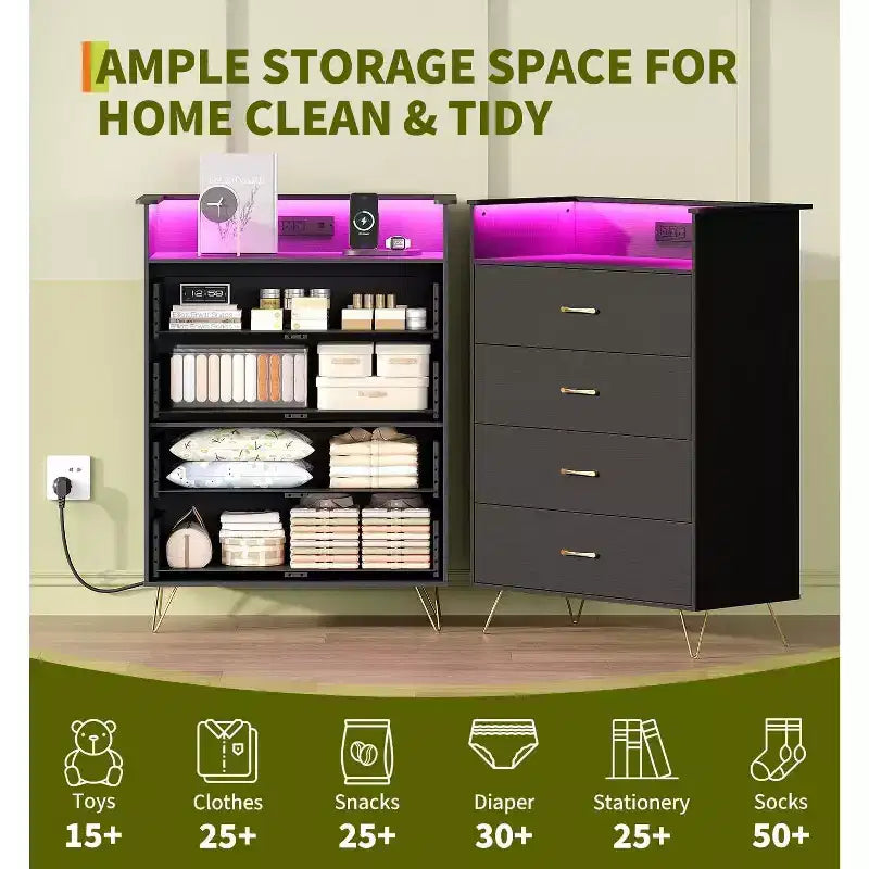 Commode avec station de charge Commode haute en bois à 4 tiroirs Grand meuble de rangement