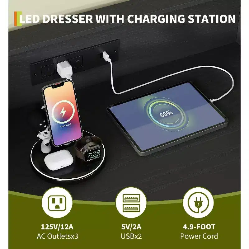 Commode avec station de charge Commode haute en bois à 4 tiroirs Grand meuble de rangement